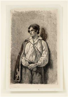 A monochrome portrait of a figure in historical clothing leaning against a wall.