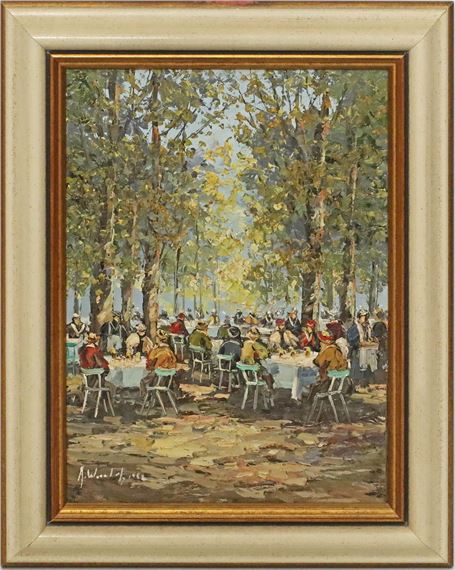 A vibrant outdoor gathering scene with numerous figures seated at tables under a canopy of trees.