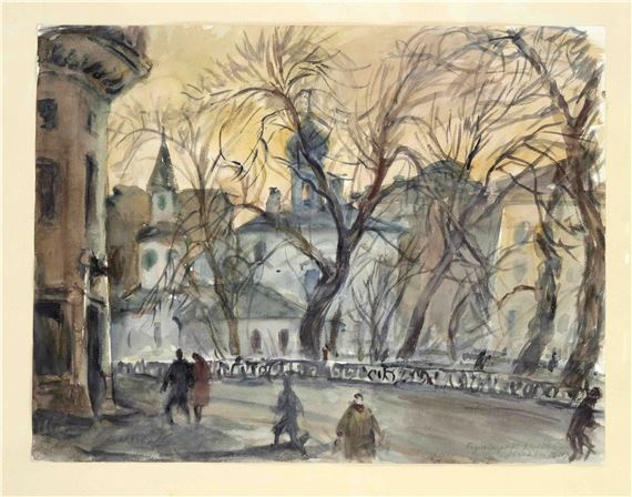 Moskauer Ansicht “Bulwarnoje Kolzo” und Landschaft mit Kirche im Winter by Elisabeth Kluchevskaya