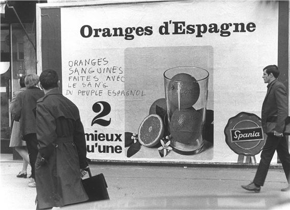 Street poster, protest "Orange sanguines faites avec le sang du peuple Espagnol
