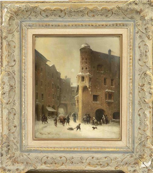 Städtische Straßenecke im Winter mit reicher Figurenstaffage und charakteristischem Eckturm - Anton Doll