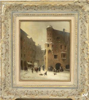 Städtische Straßenecke im Winter mit reicher Figurenstaffage und charakteristischem Eckturm