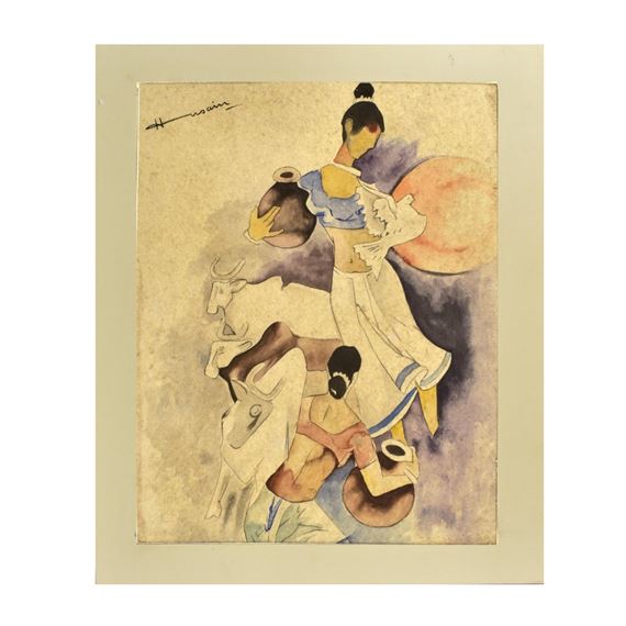 A Group of Two (2) Female Figures Holding Jugs with Two (2) Cows and a Flying Dove - Maqbool Fida Husain