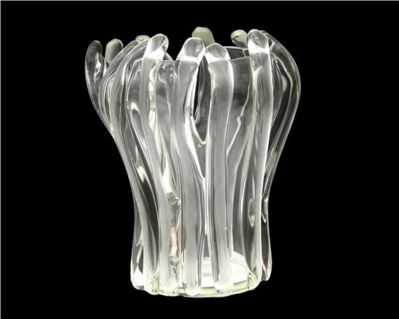 A clear glass vase with applied vertical glass cables - Ritsue Mishima