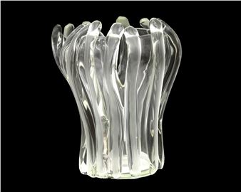A clear glass vase with applied vertical glass cables - Ritsue Mishima