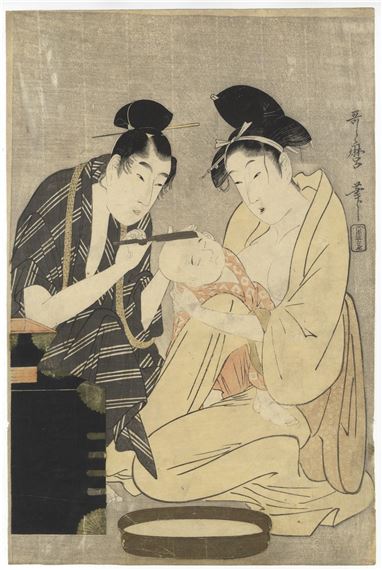 A Young Couple Shaving the Head of Their Baby - Kitagawa Utamaro