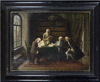 vier galante Herren debattieren in einer Bibliothek - August Hermann Knoop