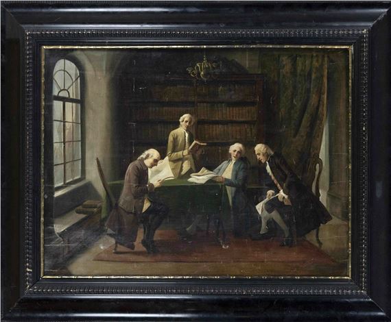 vier galante Herren debattieren in einer Bibliothek - August Hermann Knoop