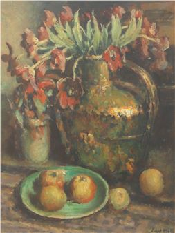 Still life with red flowers in a copper jug and apples - Jan Evert Moll
