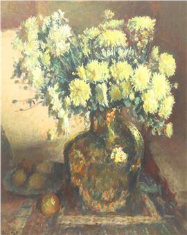 Still life with white chrysanthemums in a copper jug - Jan Evert Moll