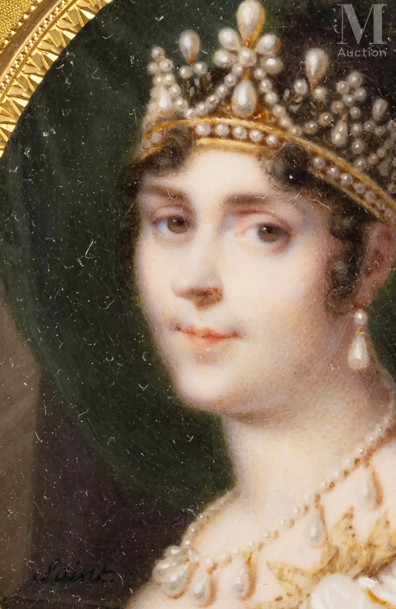 Artwork by Daniel Saint, L’impératrice Joséphine parée de perles, en buste, Made of Oval miniature, silver border highlighted with a blue enamel line, lined on the reverse with sky blue moiré silk