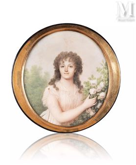 Portrait en buste d’une jeune femme tenant des roses - Louis Sené