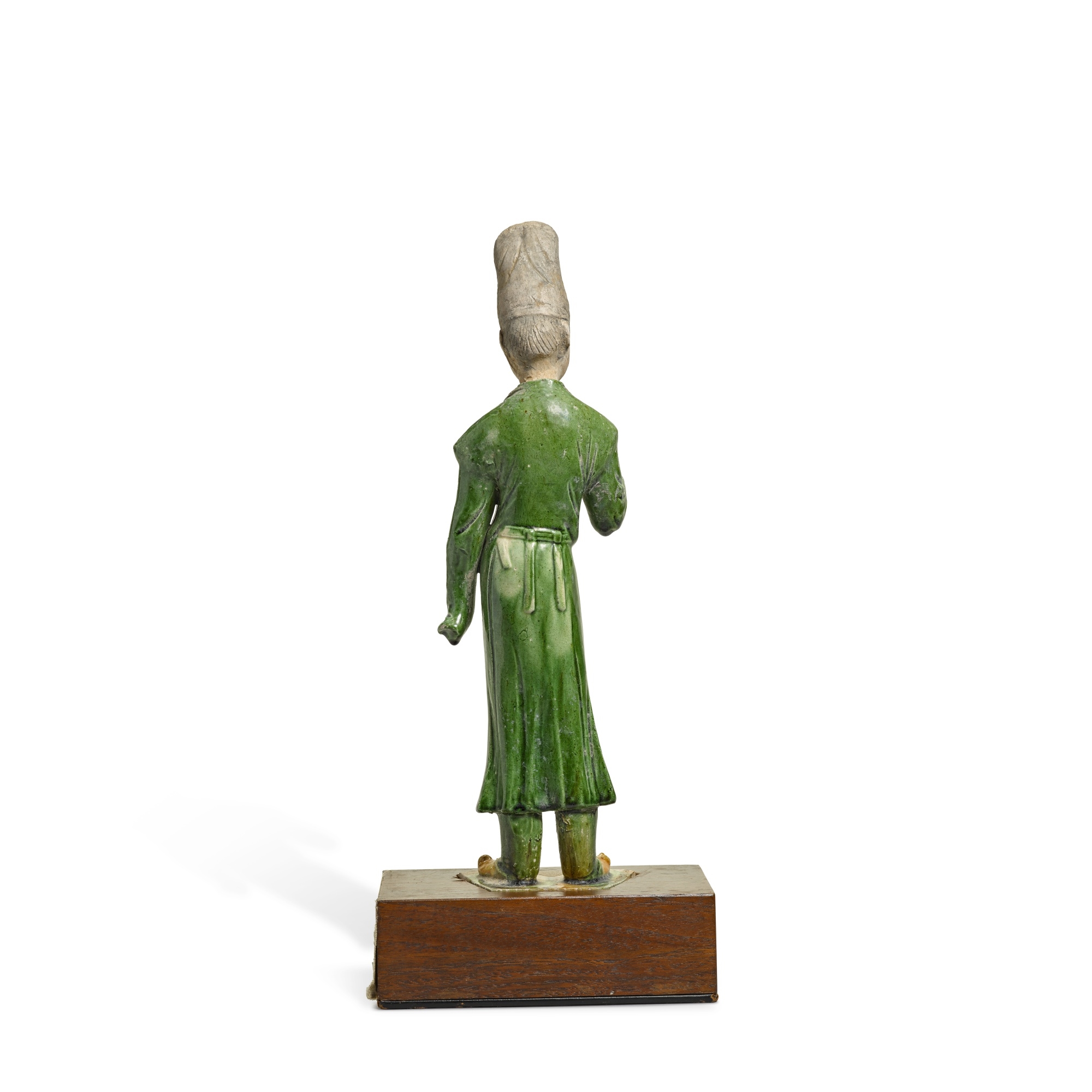 Artwork by Chinese School, A figure of an official, Made of Green-glazed pottery on wood stand