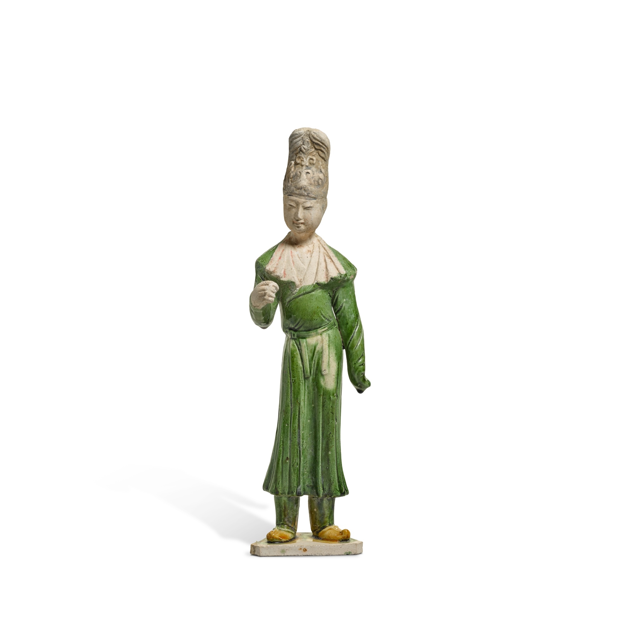 Artwork by Chinese School, A figure of an official, Made of Green-glazed pottery on wood stand