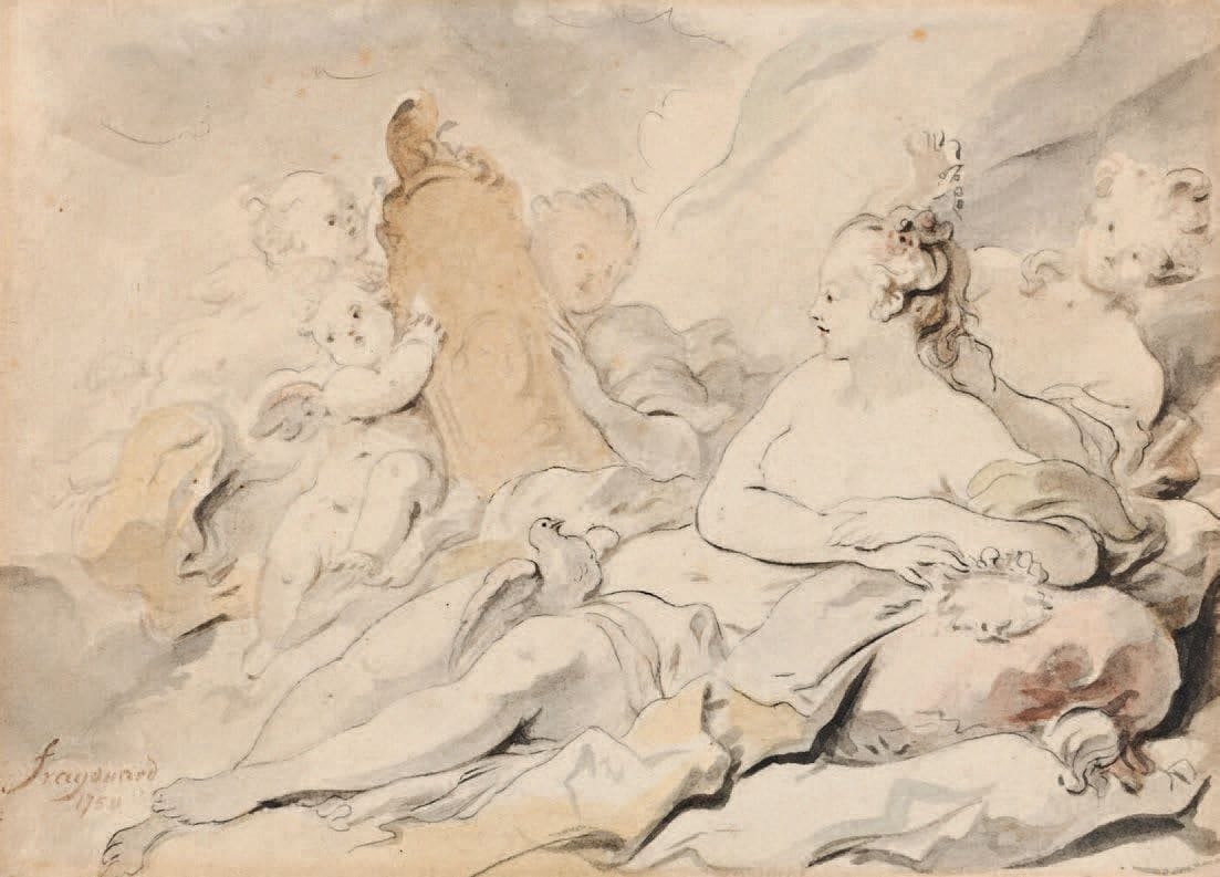 Artwork by Jean-Honoré Fragonard, Psyche's toilette, Made of Pen, Red Chalk, Brown Ink, Gray Wash And Light Ochre