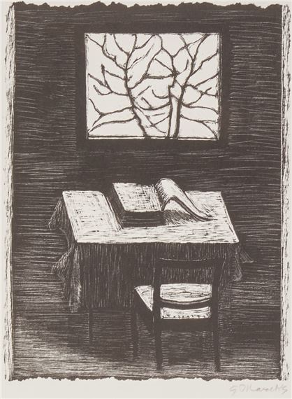 Tisch mit Buch vor Fenster mit Baum - Gerhard Marcks
