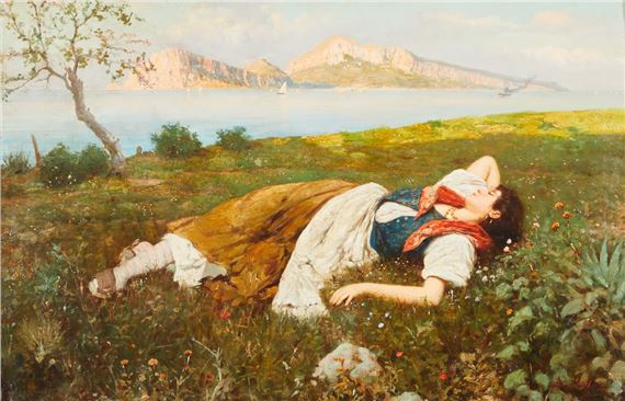 Liegendes Mädchen auf einer Sommerwiese am Meer by Bernardo Hay, 1864