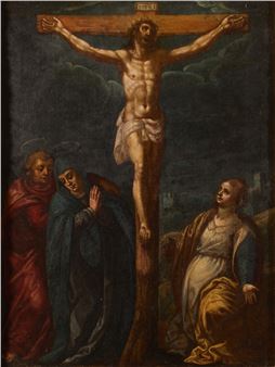 Christus am Kreuz mit Maria, Maria Magdalena und Johannes dem Evangelisten - Italian School, 17th Century