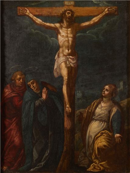 Christus am Kreuz mit Maria, Maria Magdalena und Johannes dem Evangelisten - Italian School, 17th Century