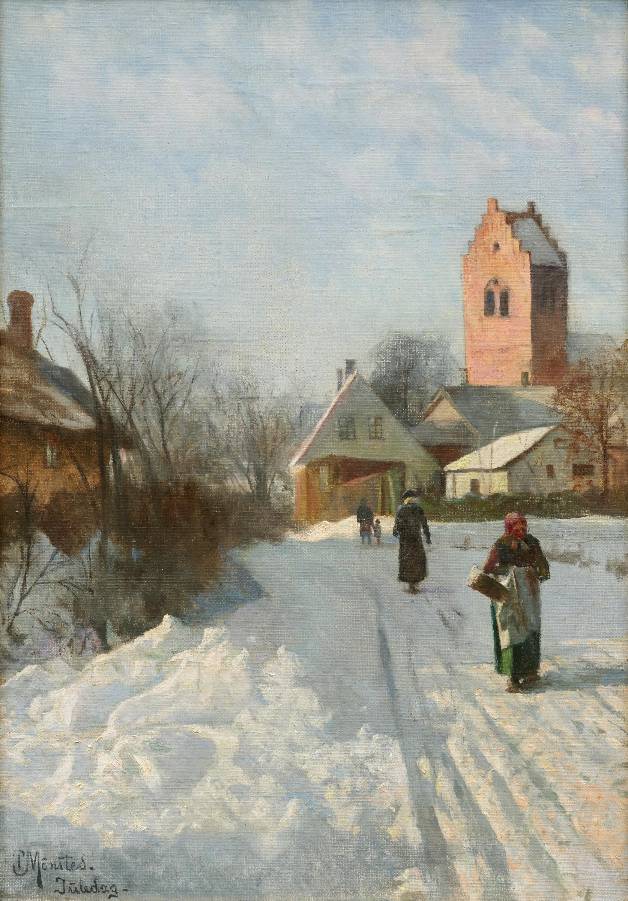 Artwork by Peder Mork Monsted, Christmas Day in a Snowy Village in Denmark, Made of Oil On Canvas