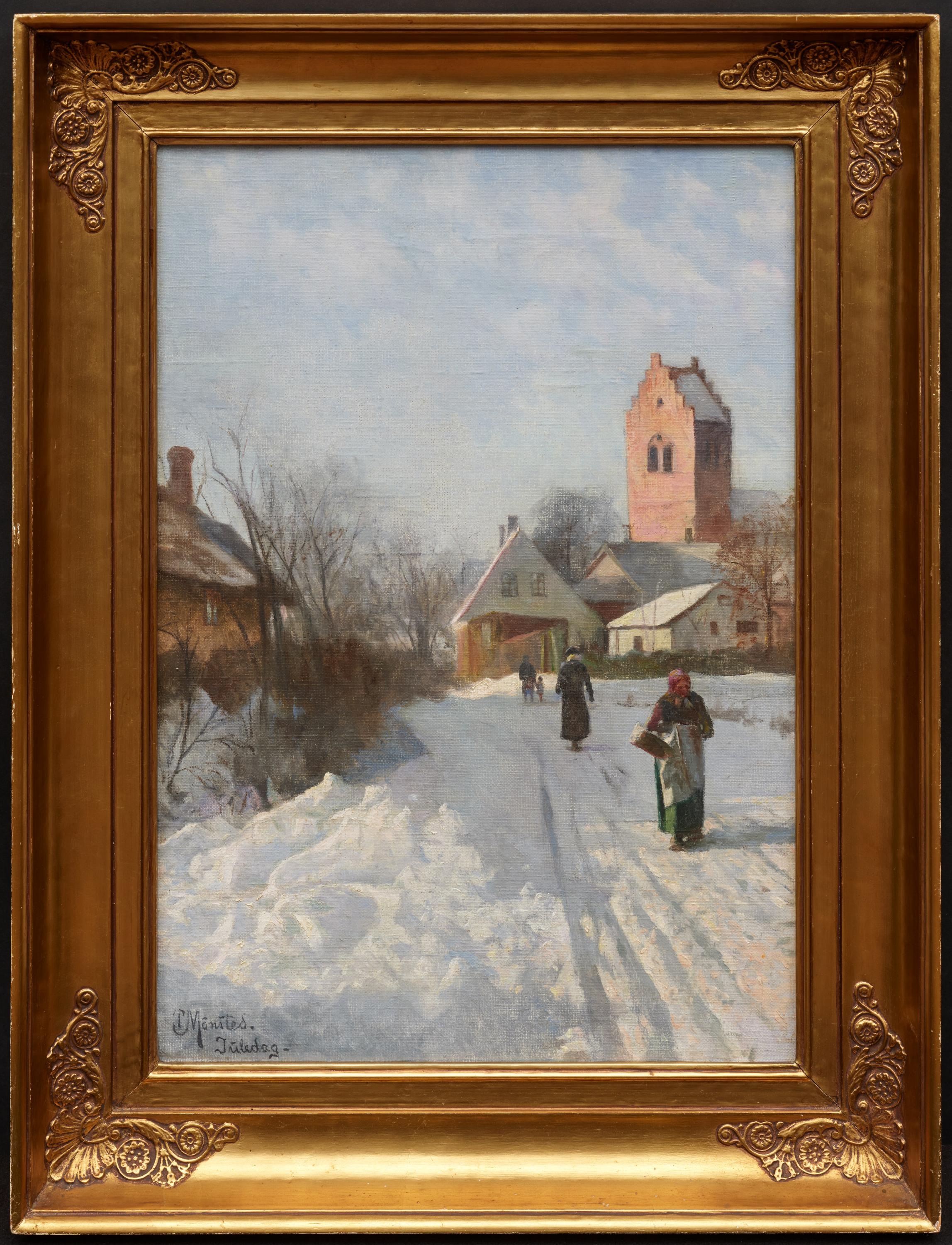 Artwork by Peder Mork Monsted, Christmas Day in a Snowy Village in Denmark, Made of Oil On Canvas