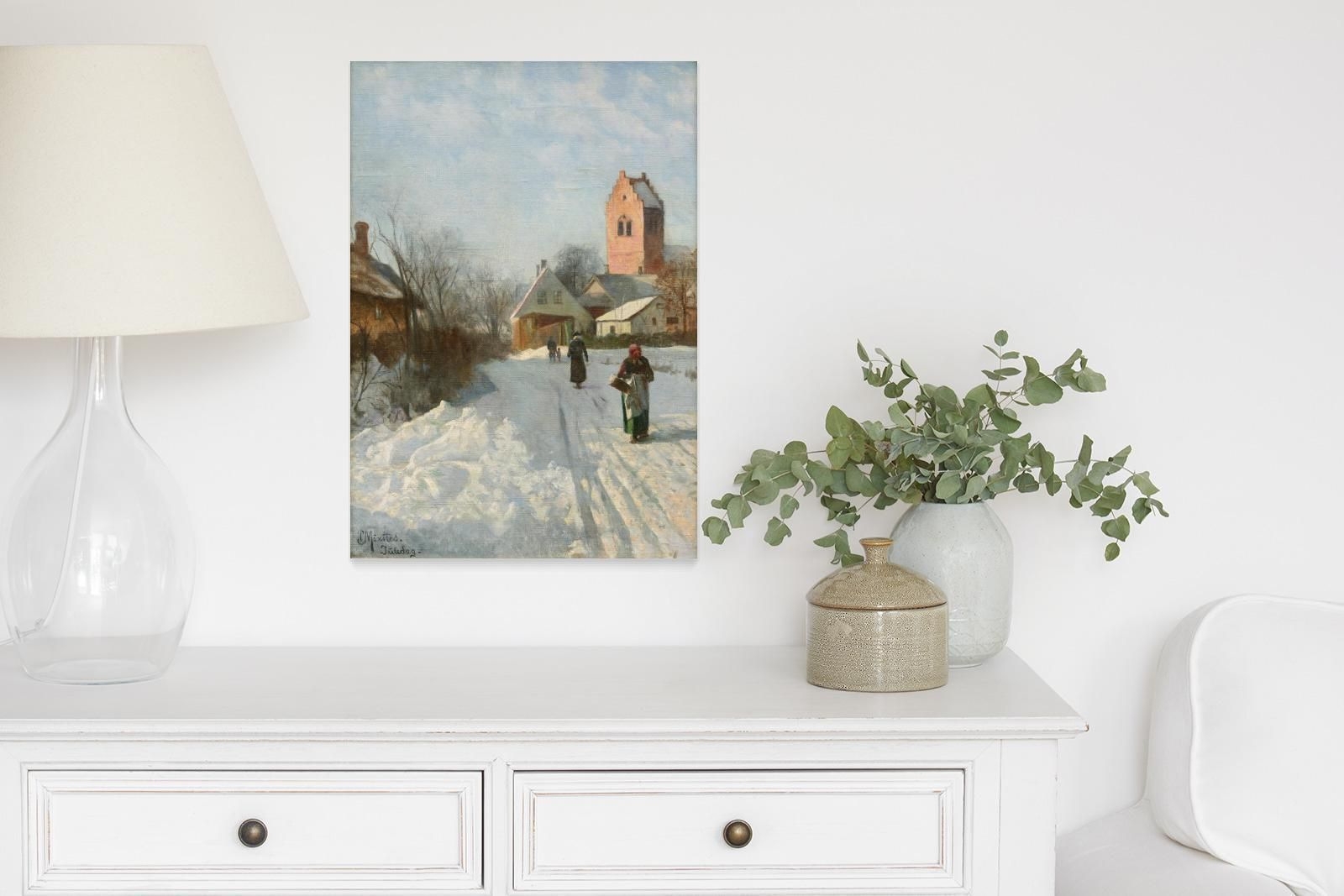 Artwork by Peder Mork Monsted, Christmas Day in a Snowy Village in Denmark, Made of Oil On Canvas