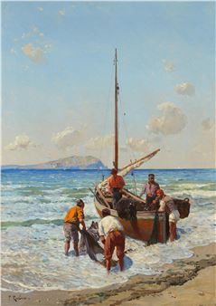 Fishermen Hauling in Their Catch on the Black Sea Coast - Frants Alekseevich Rubo