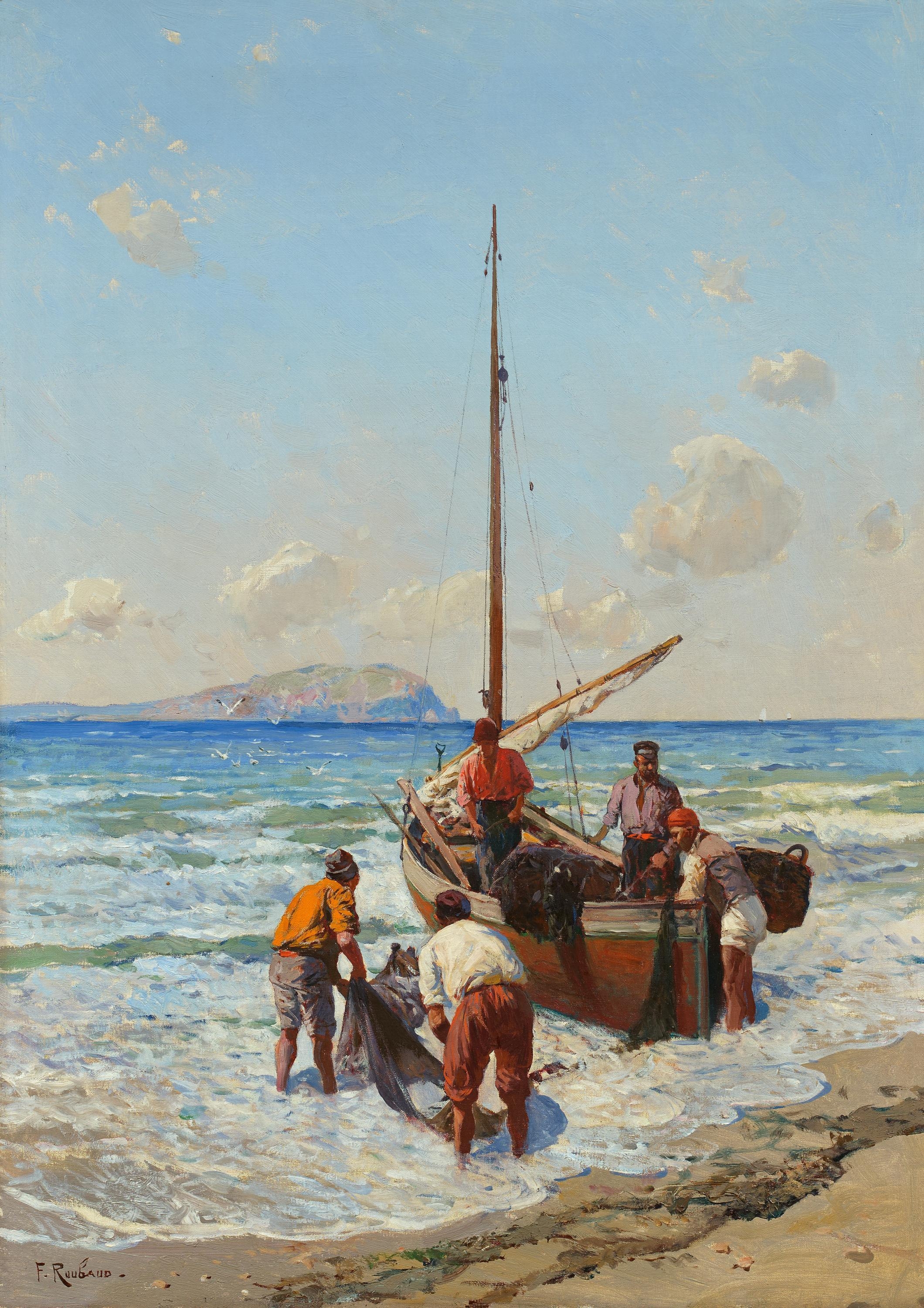 Artwork by Frants Alekseevich Rubo, Fishermen Hauling in Their Catch on the Black Sea Coast, Made of Oil On Canvas