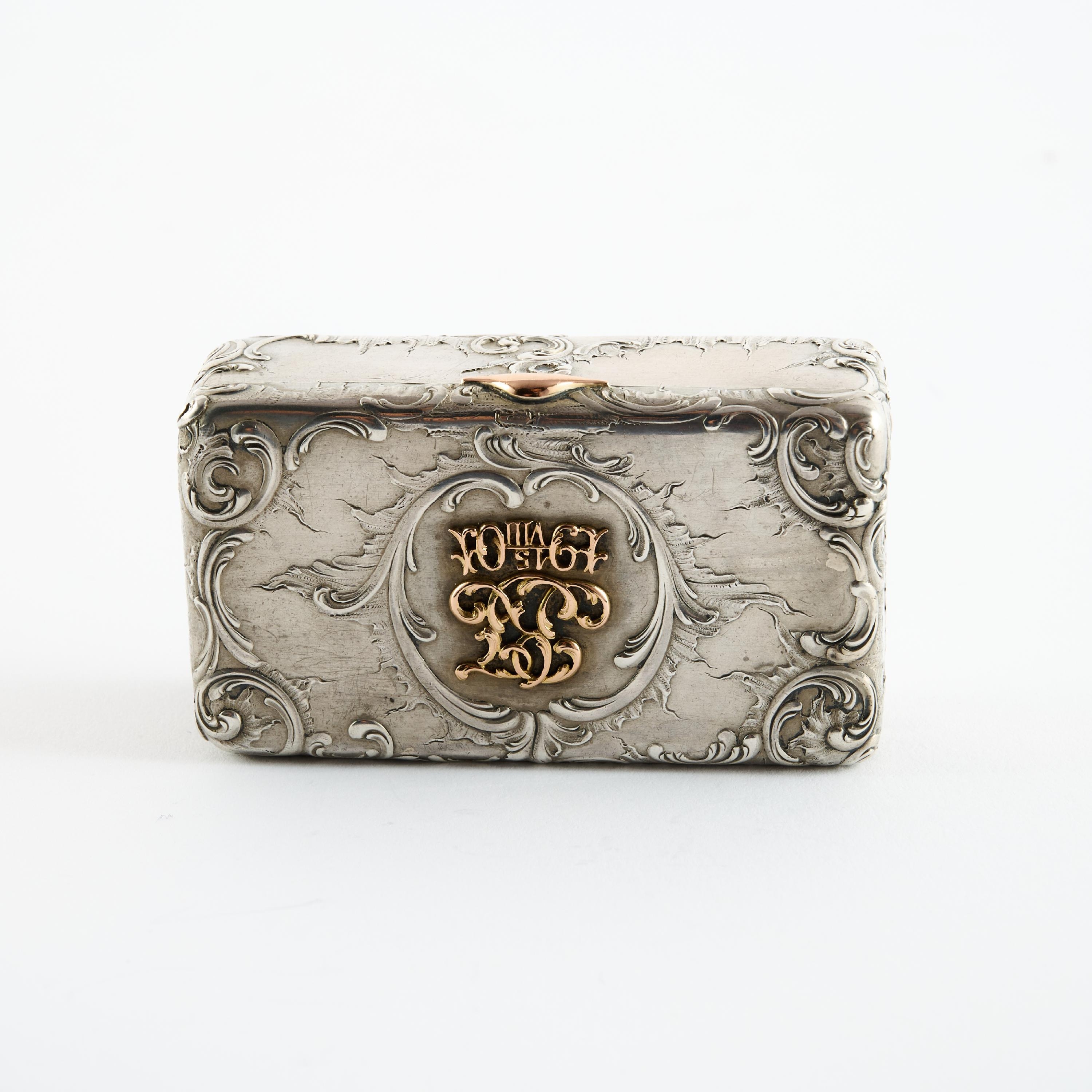 Artwork by Mikhail Ovchinnikov, RECTANGULAR SILVER TABATIERE WITH APPLIED MONOGRAM, Made of Silver With Inner Gilding
