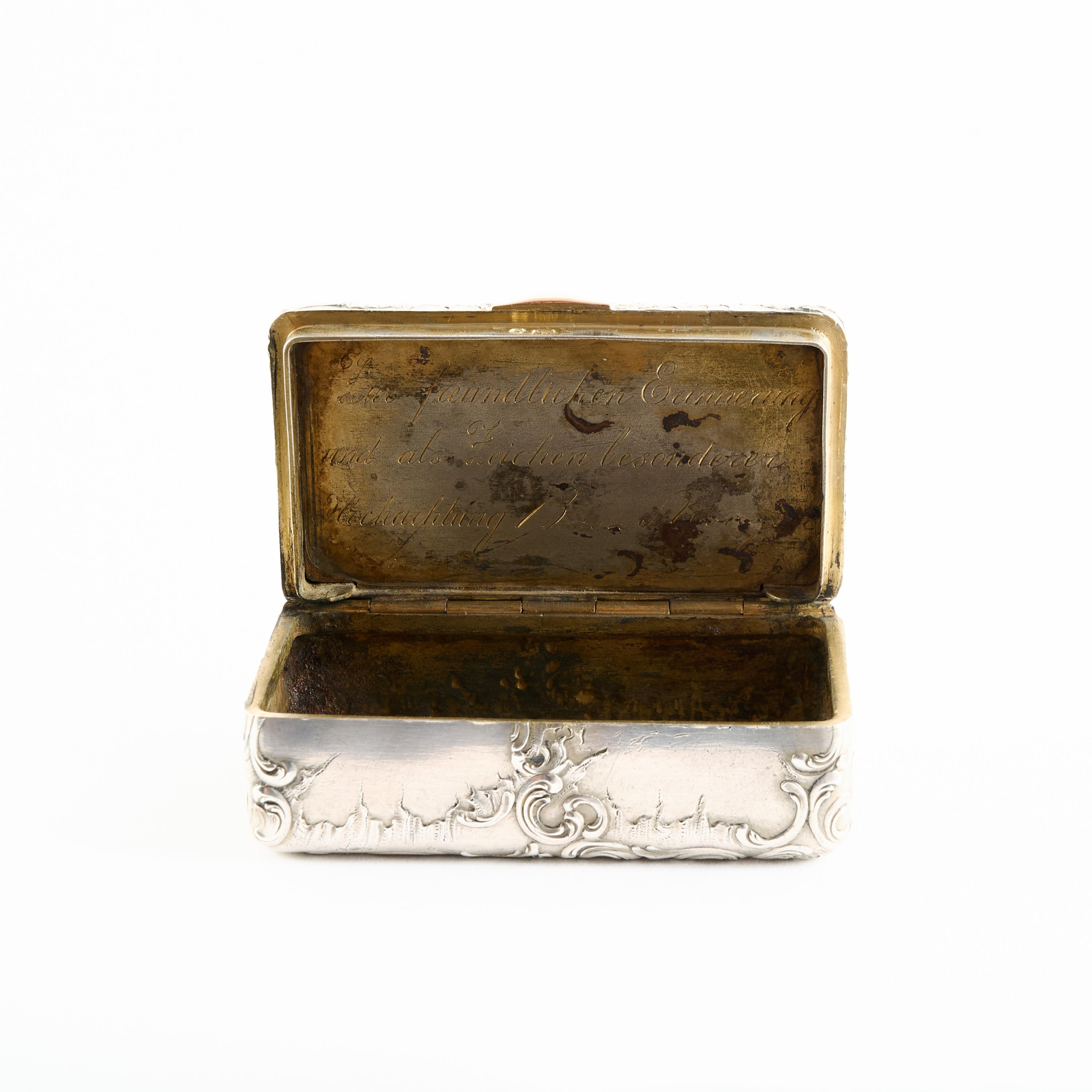 Artwork by Mikhail Ovchinnikov, RECTANGULAR SILVER TABATIERE WITH APPLIED MONOGRAM, Made of Silver With Inner Gilding