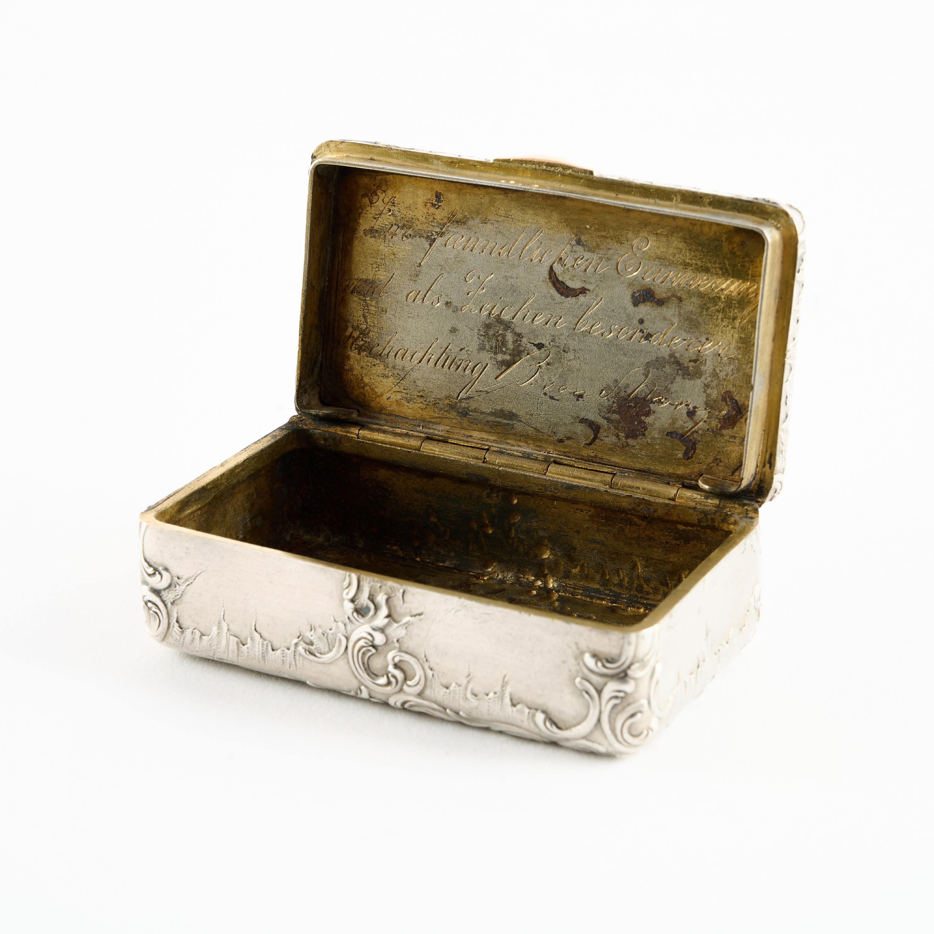 Artwork by Mikhail Ovchinnikov, RECTANGULAR SILVER TABATIERE WITH APPLIED MONOGRAM, Made of Silver With Inner Gilding