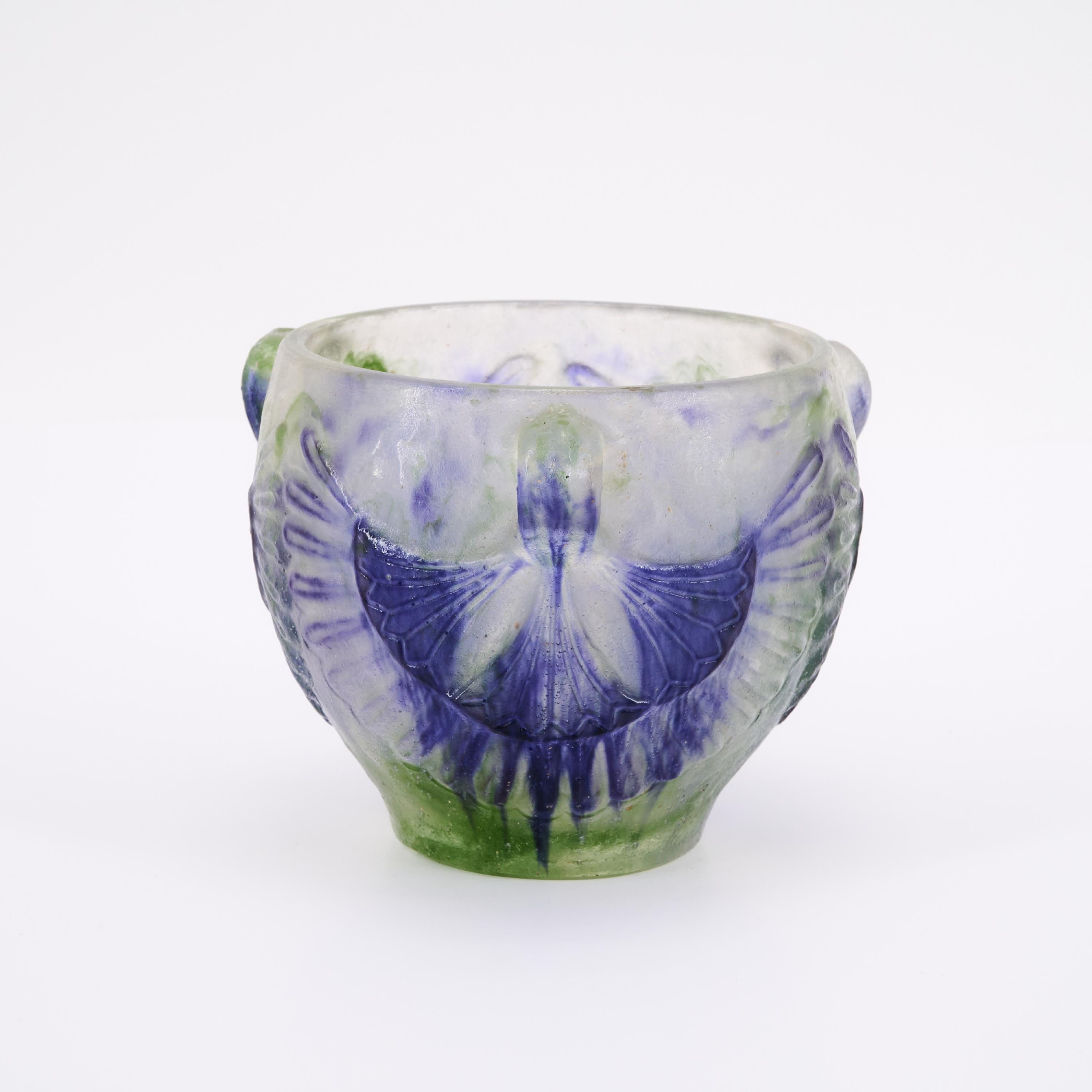 Artwork by Gabriel Argy-Rousseau, PÃTE DE VERRE GLASS BOWL WITH HANDLES 'LOTUS, Made of Pâte De Verre In Acromatic, Violet, And Green, Moulded