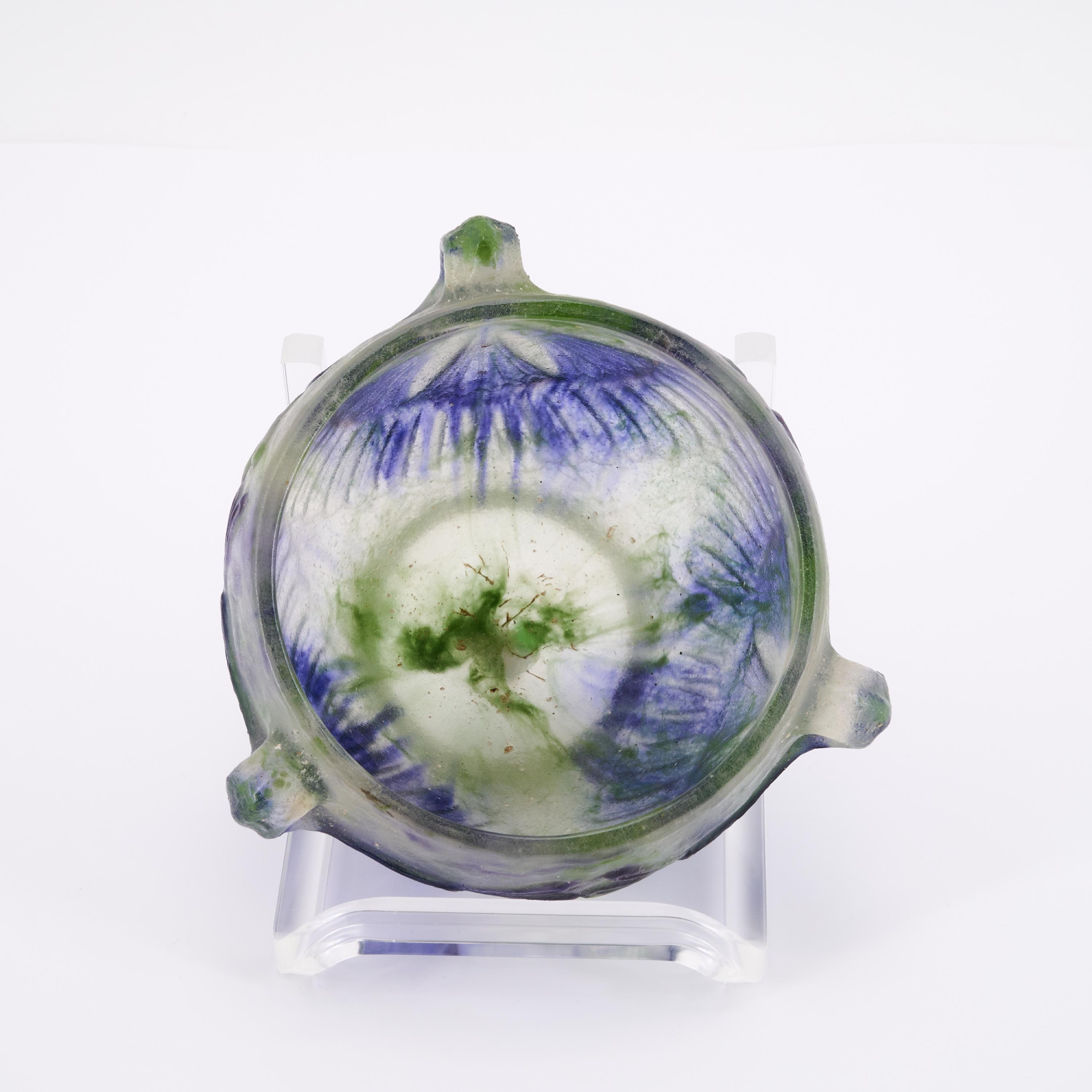 Artwork by Gabriel Argy-Rousseau, PÃTE DE VERRE GLASS BOWL WITH HANDLES 'LOTUS, Made of Pâte De Verre In Acromatic, Violet, And Green, Moulded