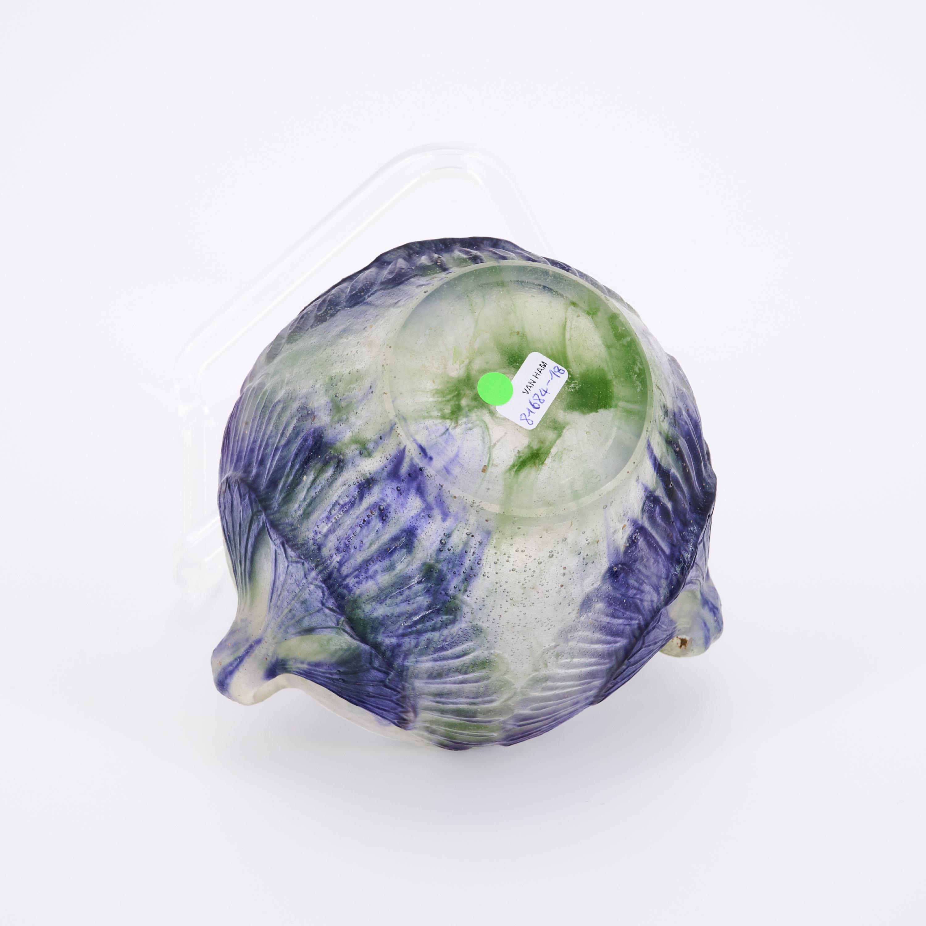 Artwork by Gabriel Argy-Rousseau, PÃTE DE VERRE GLASS BOWL WITH HANDLES 'LOTUS, Made of Pâte De Verre In Acromatic, Violet, And Green, Moulded