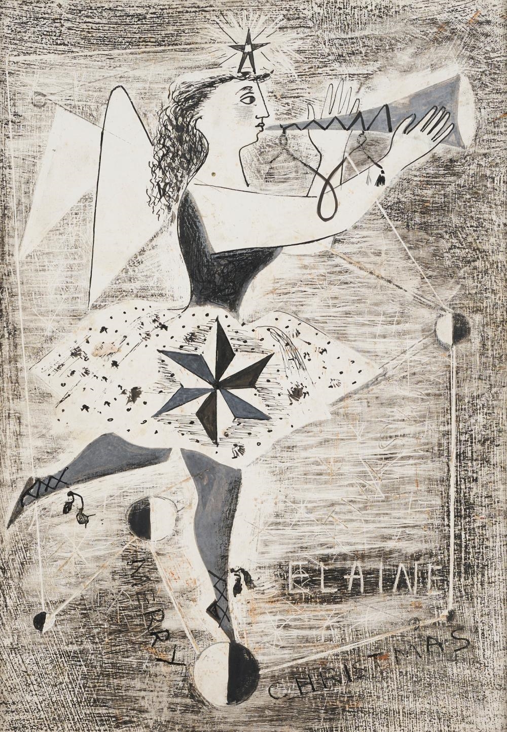 Artwork by Elaine Haxton, Angel with Horn (Merry Christmas), Tourrettes Sur Loup, France, Made of Ink And Gouache On Board With Sgraffito On Paper On Cardboard