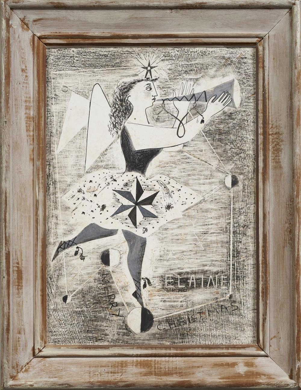 Artwork by Elaine Haxton, Angel with Horn (Merry Christmas), Tourrettes Sur Loup, France, Made of Ink And Gouache On Board With Sgraffito On Paper On Cardboard