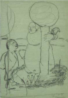 Stehende Armenhaülserin und Kind zwischen zwei Glaskugeln auf Stangen (Standing Poor Woman and Child between Two Glass Balls on Poles - Paula Modersohn-Becker
