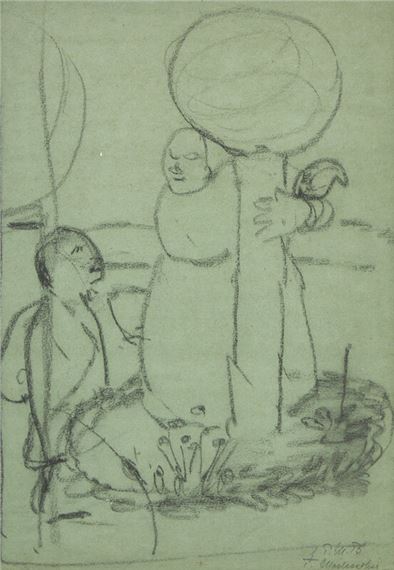 Stehende Armenhaülserin und Kind zwischen zwei Glaskugeln auf Stangen (Standing Poor Woman and Child between Two Glass Balls on Poles - Paula Modersohn-Becker