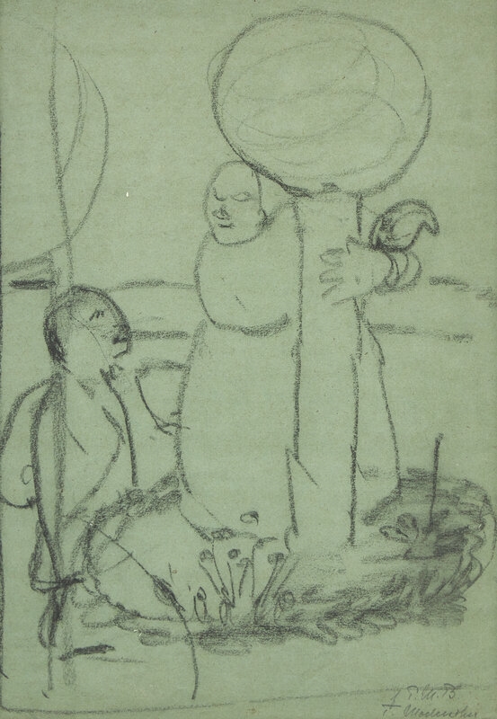 Artwork by Paula Modersohn-Becker, Stehende Armenhaülserin und Kind zwischen zwei Glaskugeln auf Stangen (Standing Poor Woman and Child between Two Glass Balls on Poles, Made of Charcoal On Blue Paper