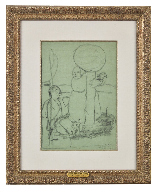 Artwork by Paula Modersohn-Becker, Stehende Armenhaülserin und Kind zwischen zwei Glaskugeln auf Stangen (Standing Poor Woman and Child between Two Glass Balls on Poles, Made of Charcoal On Blue Paper