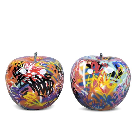 TWO BULL & STEIN GRAFFITI APPLE FIBERGLASS GARDEN SCULPTURES by Bruno Silva