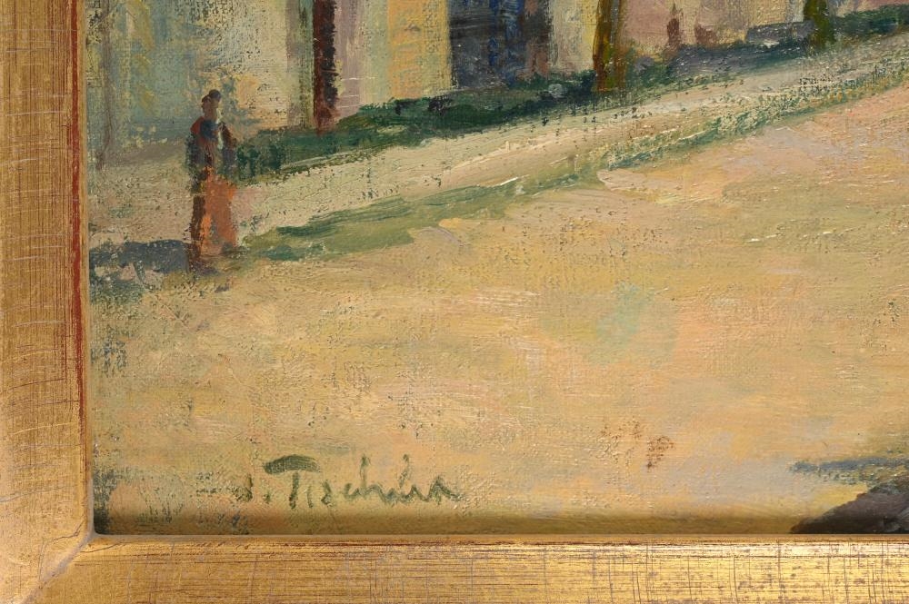 Artwork by Victor Tischler, City square in Southern-Europe, probably Avignon, Made of Oil On Canvas