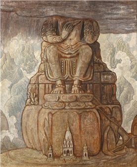 A monumental stone figure sits atop a lotus throne, overlooking tiny temple structures below.