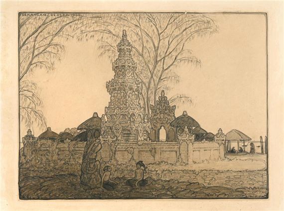 A monochromatic sketch of a temple complex with figures in the foreground.