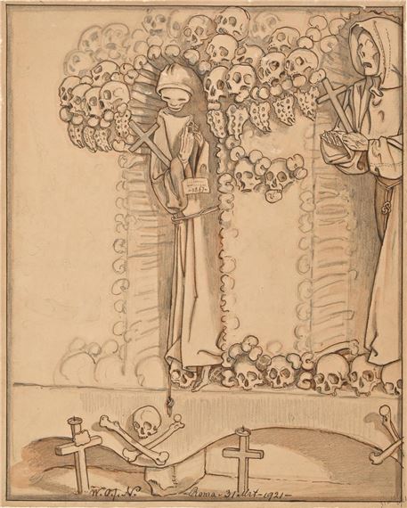 A monochromatic sketch of a religious figure surrounded by skulls and crossbones.