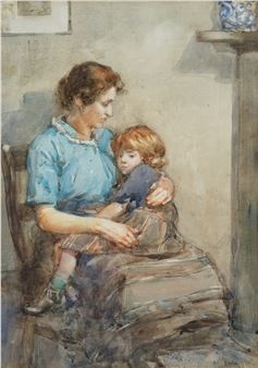 A Tender Moment - mother and child seated beside a fireplace