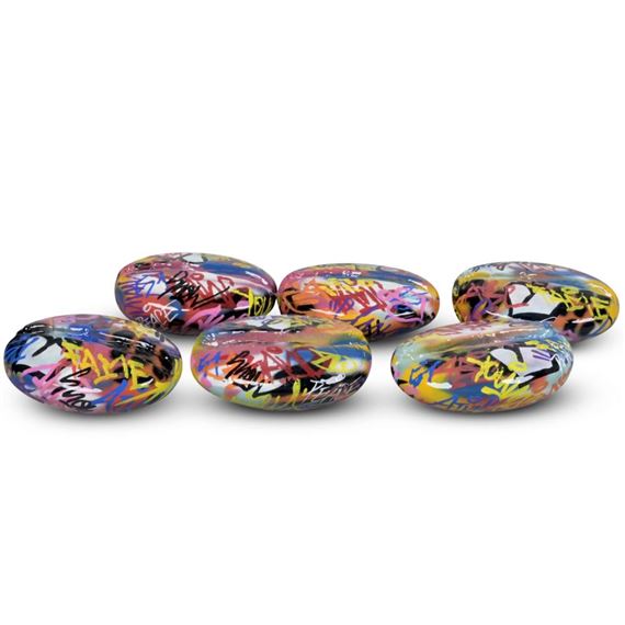 A GROUP OF SIX BULL & STEIN GRAFFITI COFFEE BEAN SCULPTURES