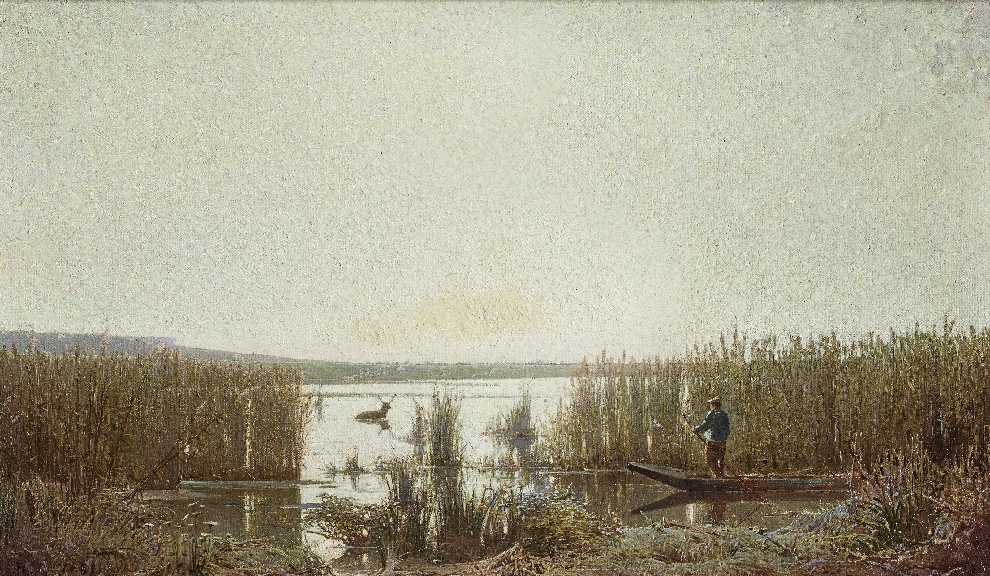 Artwork by Henri Taurel, Barque et cerf dans un marais, Made of Canvas on original frame