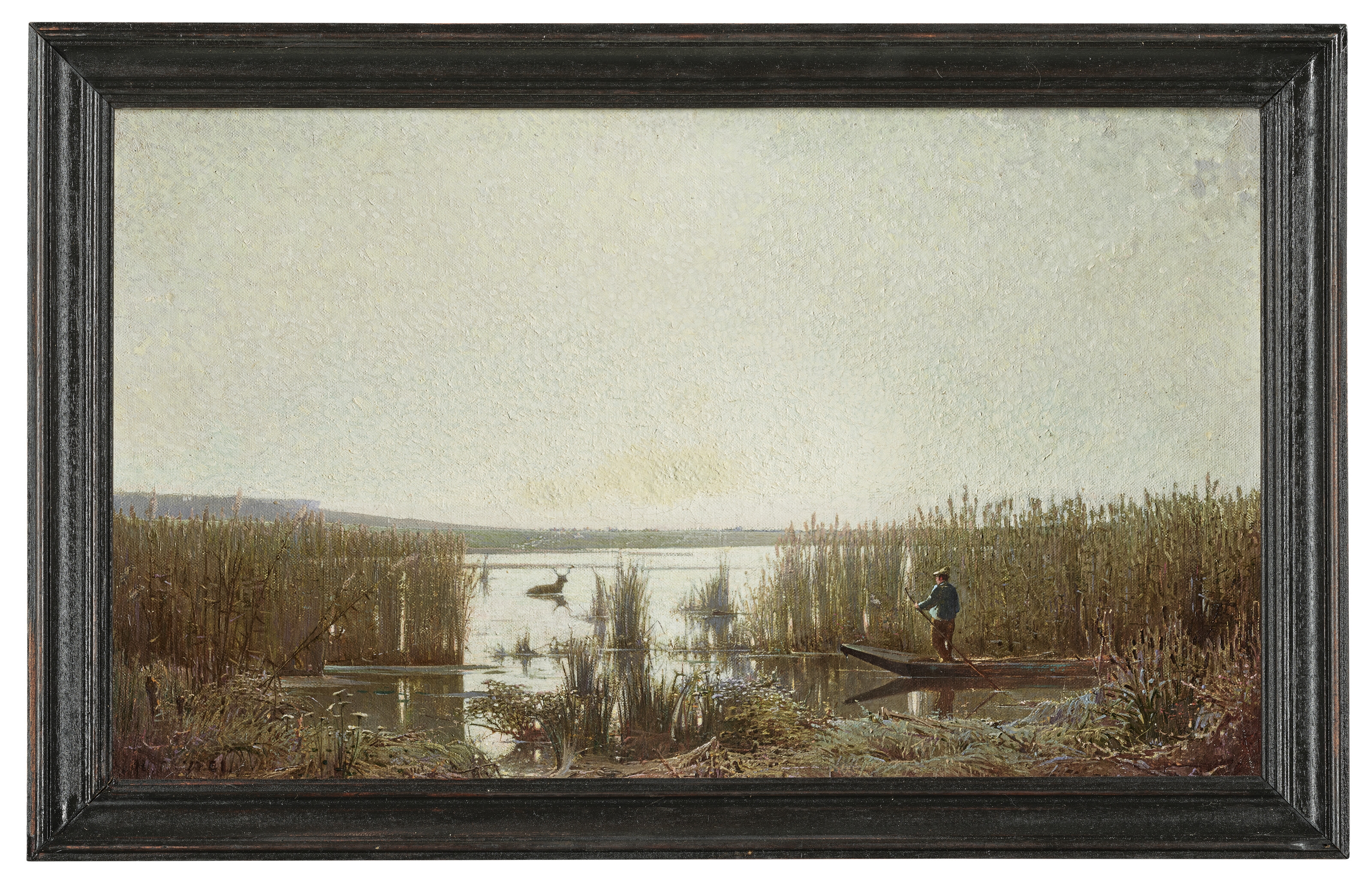 Artwork by Henri Taurel, Barque et cerf dans un marais, Made of Canvas on original frame