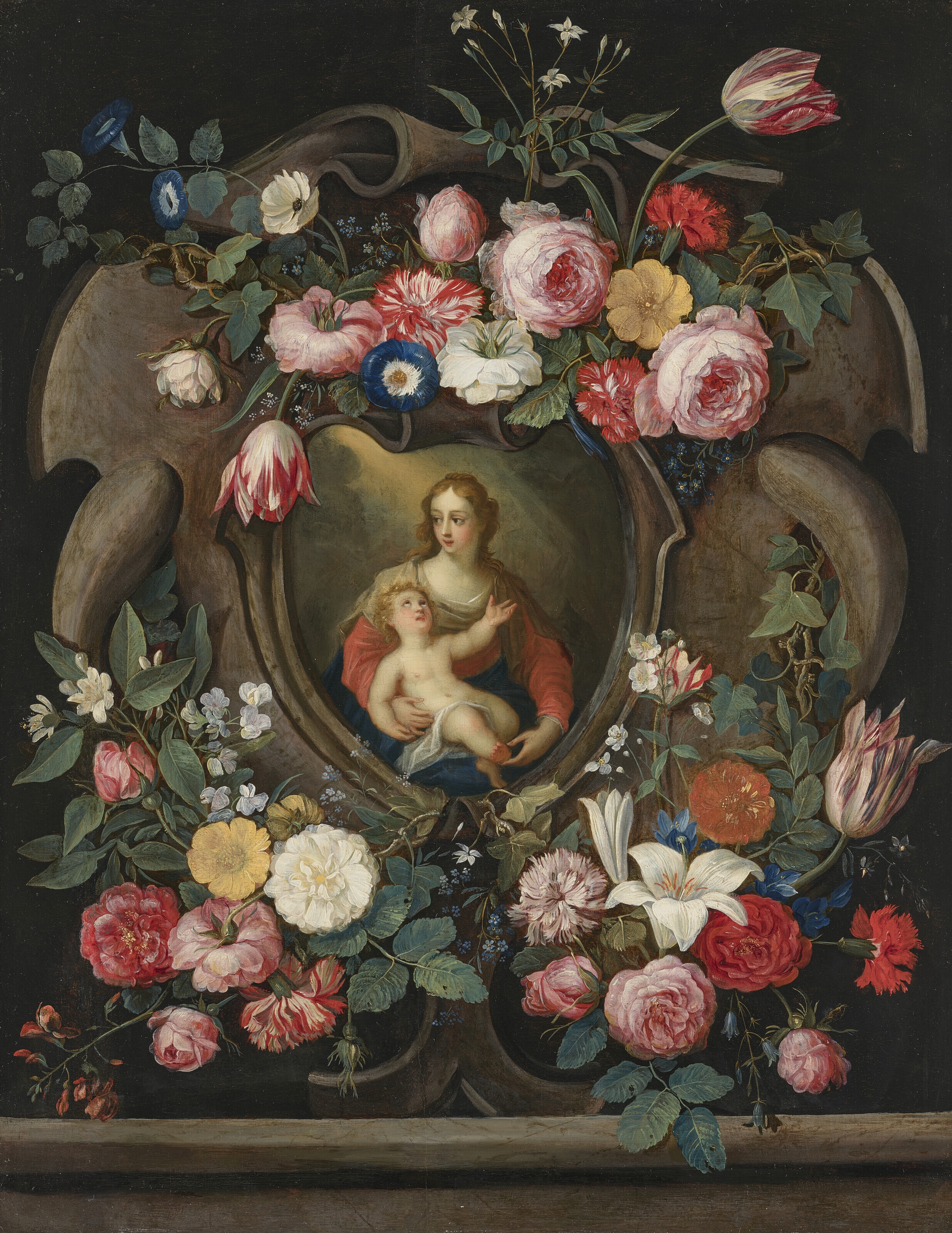 Artwork by Jan van Kessel I, Vierge à l'Enfant dans un cartouche en trompe-l'oeil entouré de guirlandes de fleurs, Made of oil on panel